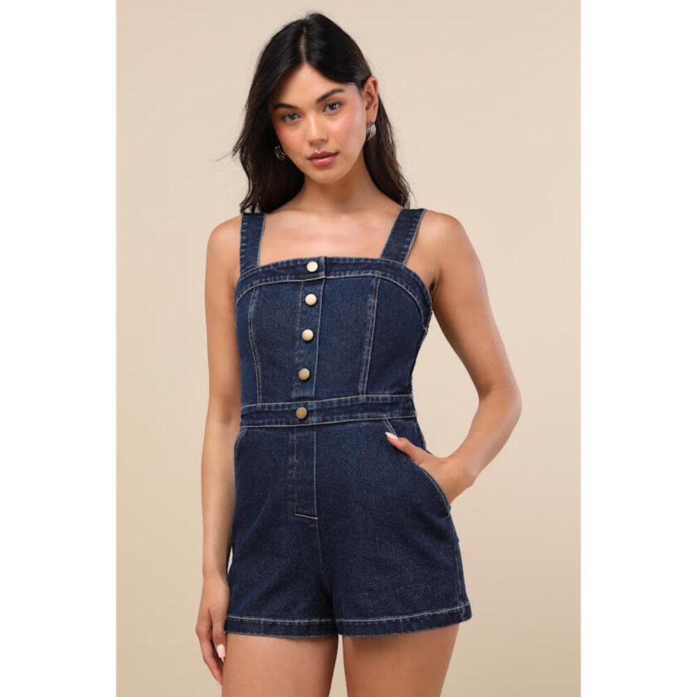 Lulus Thema Dark Wash Denim Button-front Romper Blue - Size M